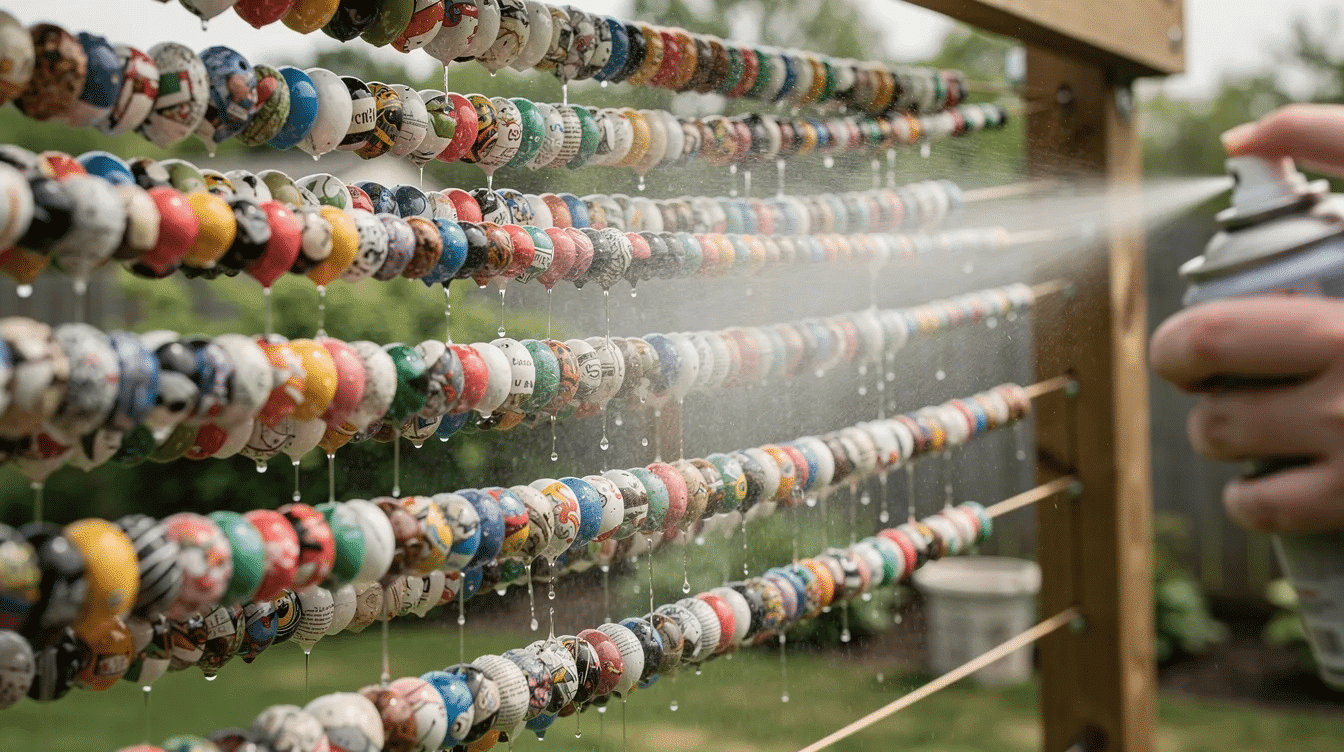 The image shows strings of colorful paper beads hanging outdoors between supports ready for the spray sealing process The finished beads made from thicker paper strips are coated with a clear sealant to enhance their durability and glossy finish
