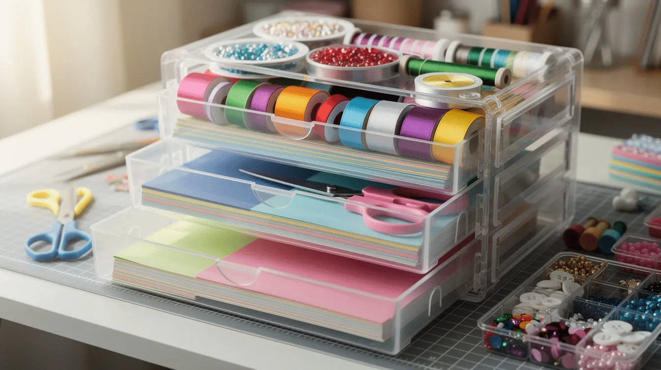 3e67adcd 8e42 43e5 9bde 5392ea18a91f The image shows a tidy workspace featuring clear craft storage drawers filled with colorful paper ribbons and essential tools like scissors and craft glue perfect for beginner paper crafters This organized setup highlights the must have craft supplies and offers endless creative possibilities for various paper crafting projects