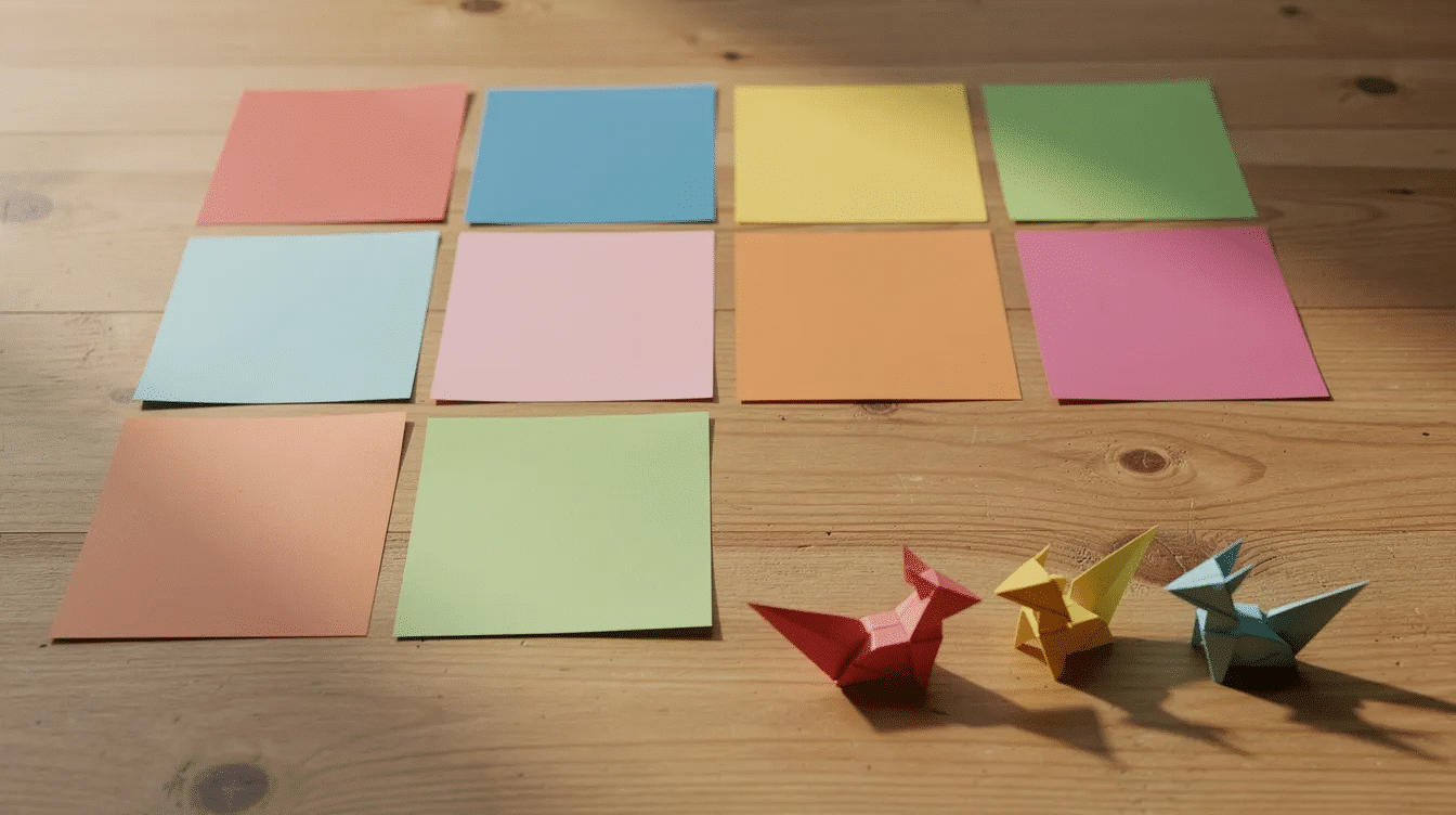 3fc4841e 40f1 48c6 b1a5 bba434662346 A collection of colorful square sheets of origami paper is neatly arranged on a wooden table accompanied by a few simple folded animals showcasing the art of folding origami The vibrant colors and textures of the paper highlight various origami projects suitable for beginners and advanced folders alike