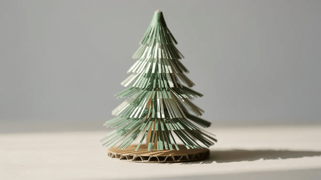 40492960 c7e4 4689 ad5d 508cf3e5bdfe The image features a small cardboard cone tree decorated with fringed paper needles resembling a cute DIY Christmas tree This festive craft made from empty toilet paper rolls showcases creativity and is perfect for families and kids during the holiday season