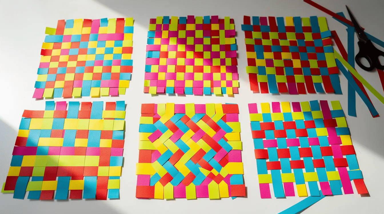 4053ca4c adc4 4401 91e2 365593479570 The image showcases a collection of finished paper weaving projects featuring vibrant and contrasting paper strips arranged in intricate patterns These colorful creations illustrate various weaving techniques using warp and weft strips making them perfect examples for teaching weaving to students and kids