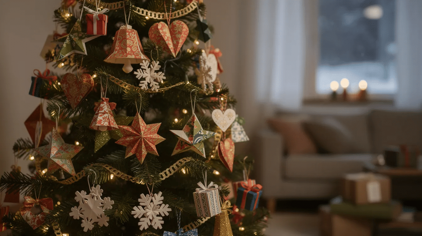 40909715 339c 4677 ab34 b4db56db9a4c A beautifully decorated Christmas tree showcases a vibrant collection of handmade paper ornaments in various shapes and colors including origami snowflakes and cheerful DIY paper house ornaments The colorful decorations crafted from scrapbook paper and adorned with glitter create a festive atmosphere perfect for the holiday season