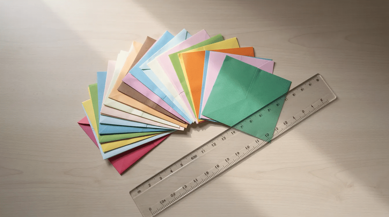 409abb23 5cbf 4807 84dc 7cc3baeca558 A flat lay image featuring a square piece of origami paper a ruler and a smooth table surface ideal for demonstrating step by step instructions for creating a traditional origami crane The arrangement allows for easy following of the folding process and visualizing the necessary creases and flaps