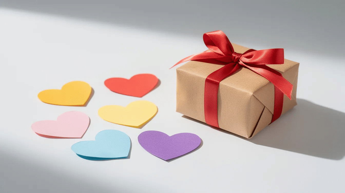 44a4a0a7 7e11 47c5 bfcb 98d88cf5e712 The image features several colorful origami hearts made from square pieces of paper arranged neatly beside a beautifully wrapped gift The hearts display intricate folds and creases showcasing the traditional art of paper heart origami perfect for expressing love and affection