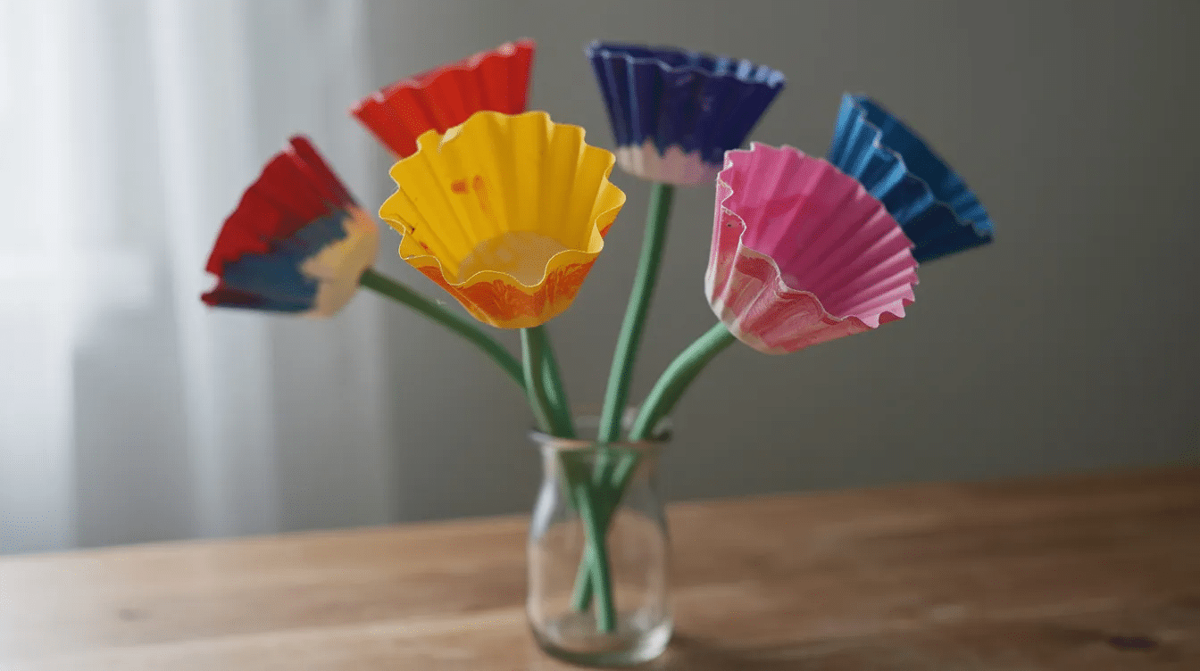 The image features a charming arrangement of finished paper cup flowers showcasing colorful petals and green stems all beautifully placed in a small vase This delightful paper cup flower craft for kids is perfect for spring and makes a cute gift for Mother's Day.