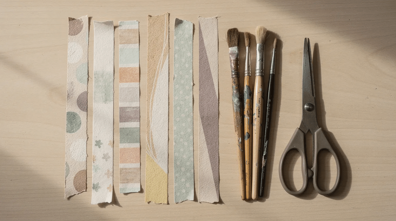 48eb7f40 1142 408f bb19 4d9c0b478cf3 The image features assorted handmade paper tape strips in various colors and patterns placed beside brushes and scissors suggesting a DIY washi tape project This scene showcases supplies for creating your own decorative tape highlighting the fun and creativity involved in making washi tape at home