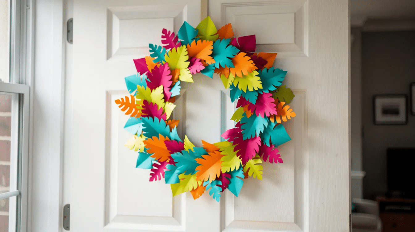 4afb4a84 70c1 46c2 aa6c 02c776461bcd A vibrant and colorful paper wreath is displayed hanging on an interior door showcasing various decorative patterns and shapes created from folded paper strips This beautiful wreath serves as a festive decoration for the holidays demonstrating a great project idea for crafting enthusiasts