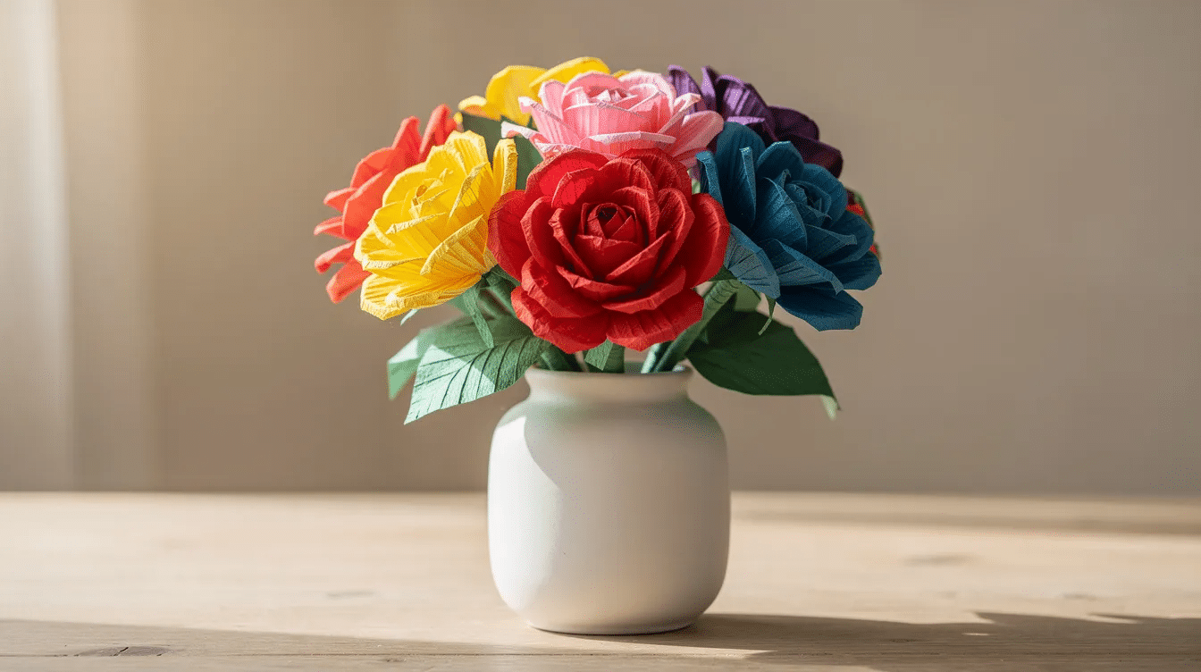 The image features a vibrant arrangement of colorful handmade paper flowers crafted from various paper sheets displayed in a ceramic vase This artistic creation showcases the beauty of the papermaking process and highlights the potential of using recycled materials in creative projects that can be sold for profit
