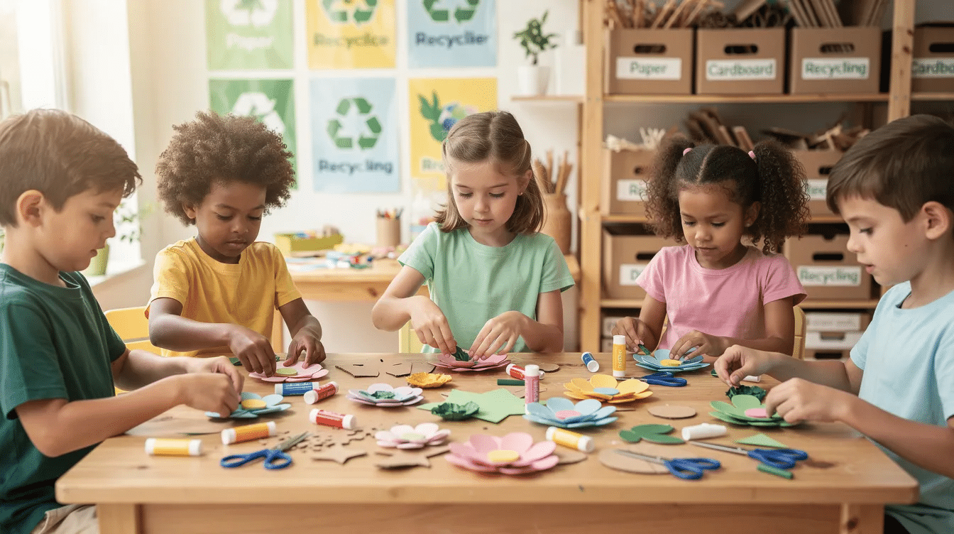 4cb2dea1 4c98 4fd6 839a fc212e775d2d A group of children is joyfully arranging colorful recycled paper flowers and various cardboard craft shapes on a table showcasing their creativity in a fun project using scrap paper and paper scraps The scene captures the essence of handmade paper crafts highlighting the kids' enthusiasm for reusing materials to create heartfelt gifts and art.