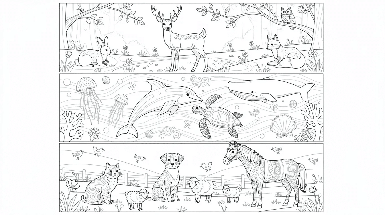 4d67439e f93e 4fc8 9387 cb119763a583 This image features a serene collection of animal coloring pages for adults showcasing peaceful forest animals like deer rabbits and owls surrounded by gentle elements such as leaves and moonlight The intricate designs of ocean life including dolphins and jellyfish offer a calming experience while familiar farm animals and pets provide a comforting connection to the natural world