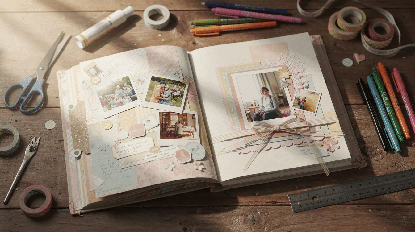 An open scrapbook showcases a creative arrangement of layered paper sheets vibrant photos colorful ribbons and various craft tools highlighting the art of papermaking and handmade crafts This visual display serves as an inspiration for students and designers interested in paper crafts that make money