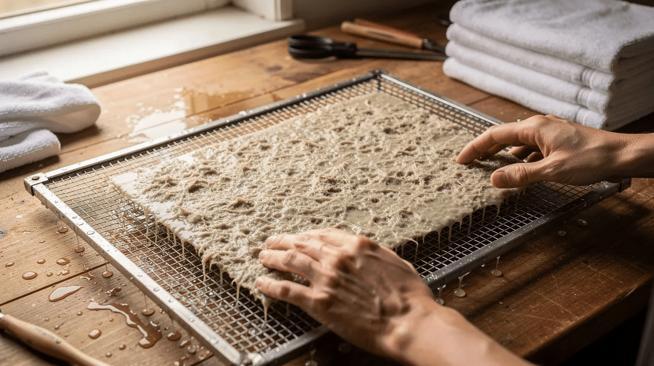 4dfd17a9 e19f 4c5b 8c3c 5b9584af7e95 The image shows wet paper pulp being pressed onto a mesh frame with towels placed nearby to absorb excess water illustrating a step in the process of making homemade seed paper The scene captures the tactile nature of crafting as the pulp mixture is carefully spread and flattened to create a sheet that will eventually hold wildflower seeds