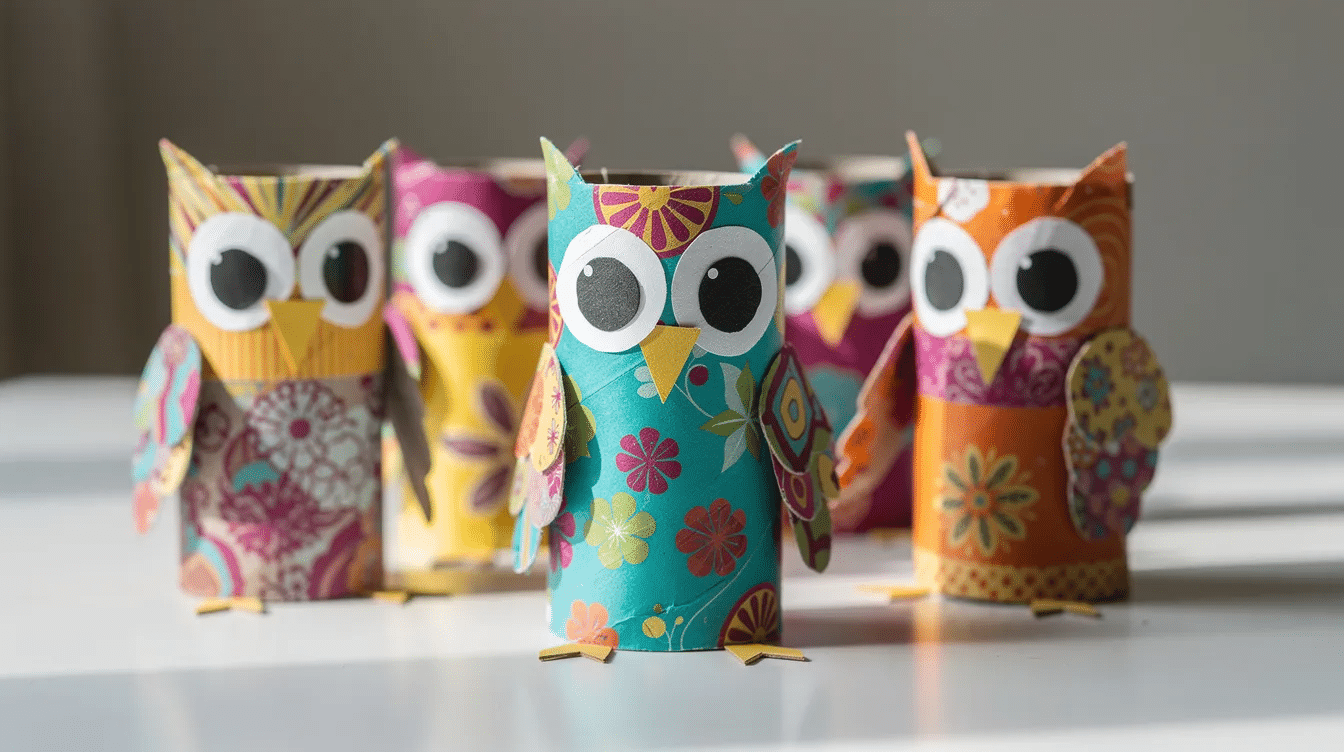 The image showcases a collection of finished adorable owl crafts made from toilet paper rolls featuring big googly eyes and colorful paper wings These super cute paper roll owls crafted with vibrant construction paper are perfect for younger kids and highlight a fun way to express creativity