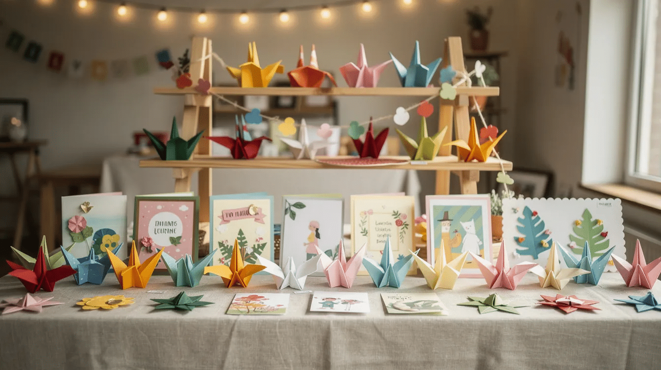 4fba9615 8aad 453d ac10 8d589ac43423 A vibrant display of colorful handmade paper crafts is arranged on a neutral craft fair table featuring tiered shelves illuminated by soft lights The setup includes various DIY gifts and unique items creating an inviting atmosphere for customers to explore and find inspiration for their own creative projects