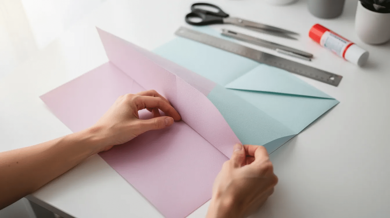 50028883 7a8a 4db6 863f fe71b36bd49b A pair of hands is skillfully folding a large square sheet of colorful origami paper on a clean craft table preparing for an origami project that may involve complex folds and intricate details The vibrant colors of the paper suggest it could be used for creating decorative models or various shapes in the origami world