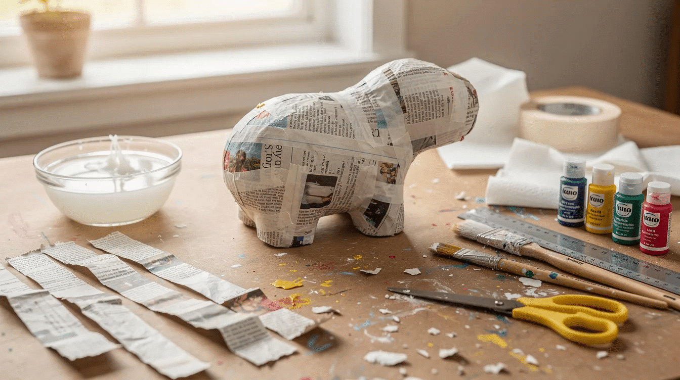 The image shows a craft table cluttered with various materials for creating beginner paper mache animal sculptures including strips of newspaper cardboard glue and a bowl of paper mache clay Tools like hot glue and tape are also visible along with a few animal shapes in progress highlighting the fun and creative process of making paper mache animals