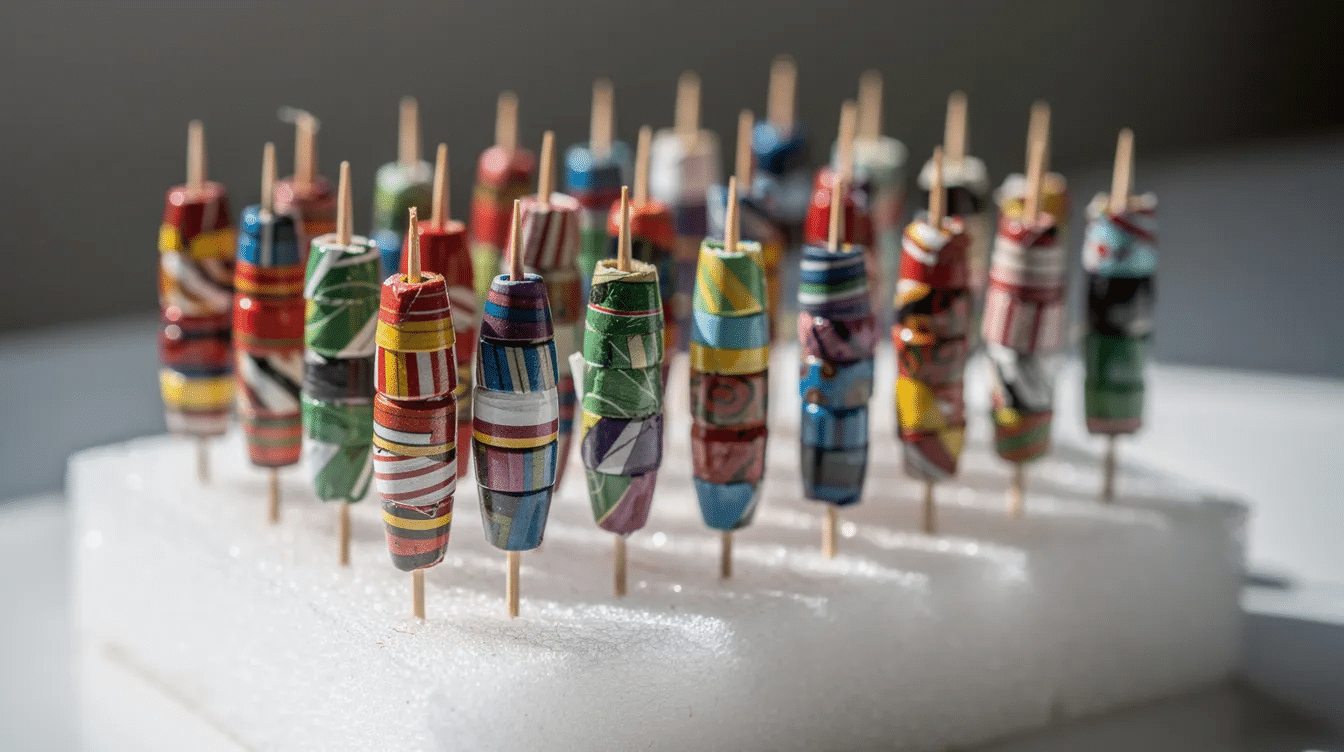 The image shows sealed round paper beads drying upright on toothpicks inserted into a foam base with a shiny finish achieved by a thin coat of clear nail polish Various paper strips from old magazines and wrapping paper are used to create these beautiful paper beads which are perfect for crafting necklaces and bracelets
