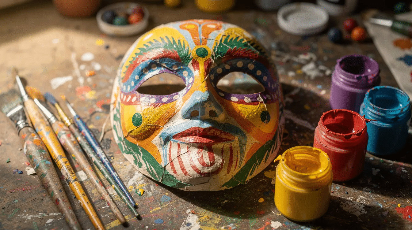 51b373fe 2bbe 4871 a3d1 0559f047ea4a A colorful finished paper mache mask is drying on a table next to various paint jars and brushes The mask showcases a creative design while the surrounding materials indicate an ongoing paper mache project