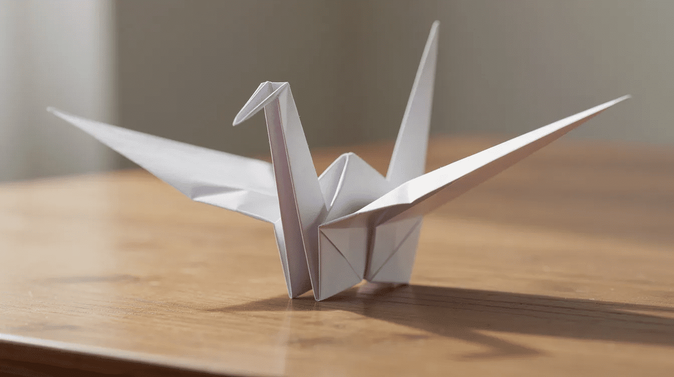5295e615 df31 48d6 b88a 5b29925eb1e8 A finished origami crane with open wings is resting on a simple table showcasing the delicate folds and creases of the traditional origami art The crane created from a square piece of paper symbolizes hope and wishes making it a beautiful display piece