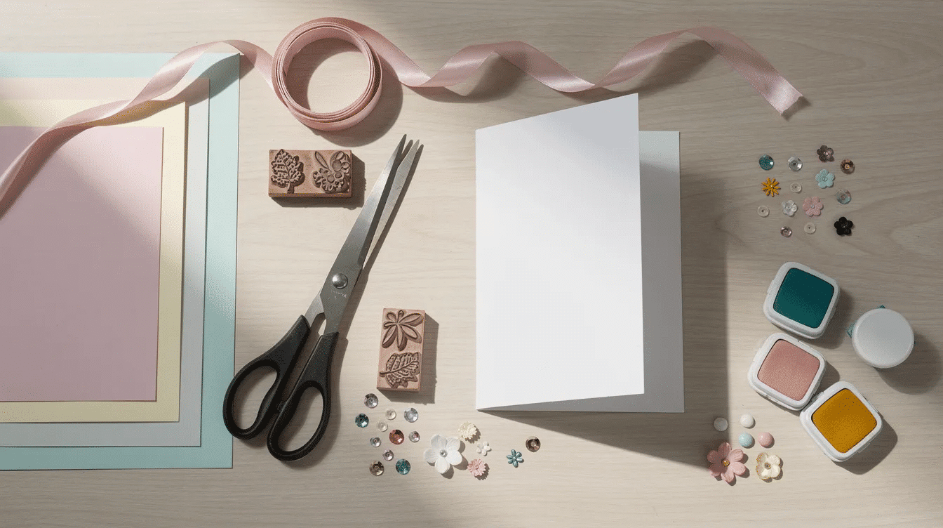 538b8722 9e1c 4a80 92f1 6539d62cf037 The image shows a tidy craft table set up for card making featuring various materials such as cardstock scissors stamps ink pads and ribbons arranged next to a folded blank card ready for creating handmade cards This setup highlights the essentials for making greeting cards showcasing tools and embellishments that inspire creativity