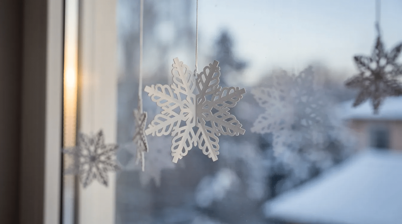 The image features beautiful paper snowflakes hanging near a window illuminated by soft winter light showcasing intricate snowflake designs created with sharp scissors The delicate shapes add a festive touch to the scene inviting viewers to imagine the creative process of folding and cutting paper to form these unique decorations