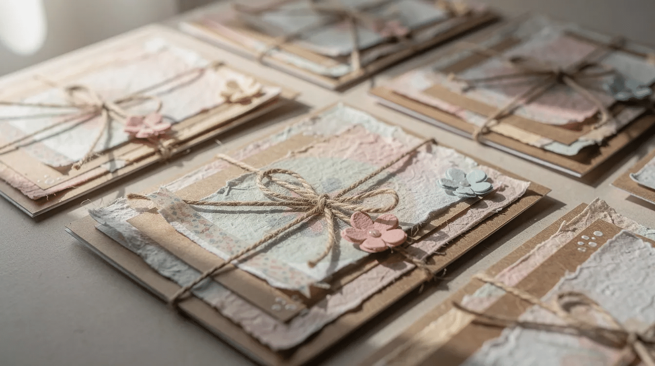 55fb9880 3a93 4ab6 9bae 406b13f20f92 The image features a collection of handmade greeting cards adorned with layered scrapbook paper twine and small paper flowers showcasing a variety of colors and patterns These fun paper crafts for adults highlight the creative process combining simple materials to create personalized and decorative pieces