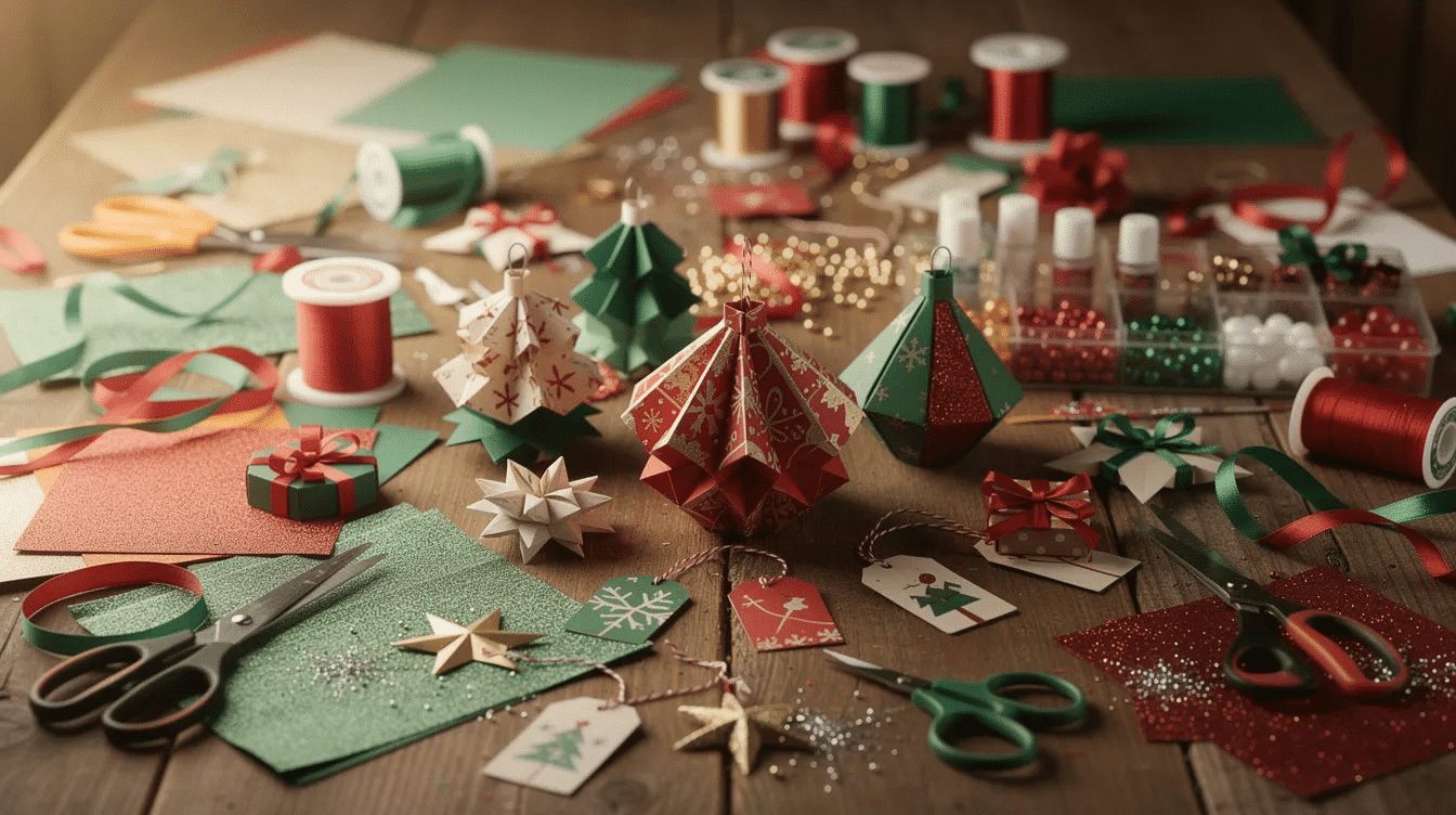 563f7efc d262 4d79 a6a7 e2f3e67f70fe The image depicts a table filled with various paper craft supplies including scissors ribbons and colorful cardstock alongside a collection of finished DIY paper Christmas ornaments These cheery decorations perfect for the holiday season showcase different ornament shapes and styles inviting creativity for festive crafts