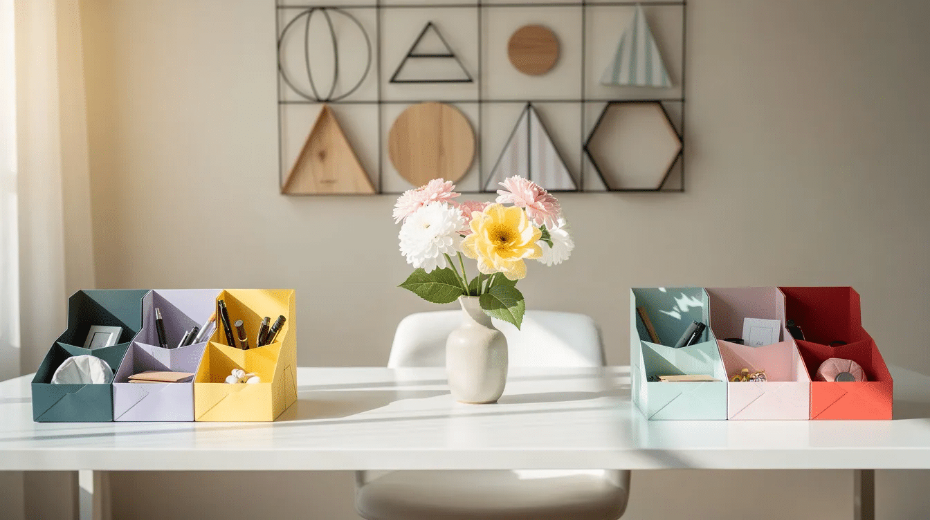 The image features a bright office desk adorned with folded paper organizers in various colors a small vase of flowers and stylish geometric wall decor This vibrant setup showcases creative paper craft ideas for office decoration making it an inviting and inspiring workspace