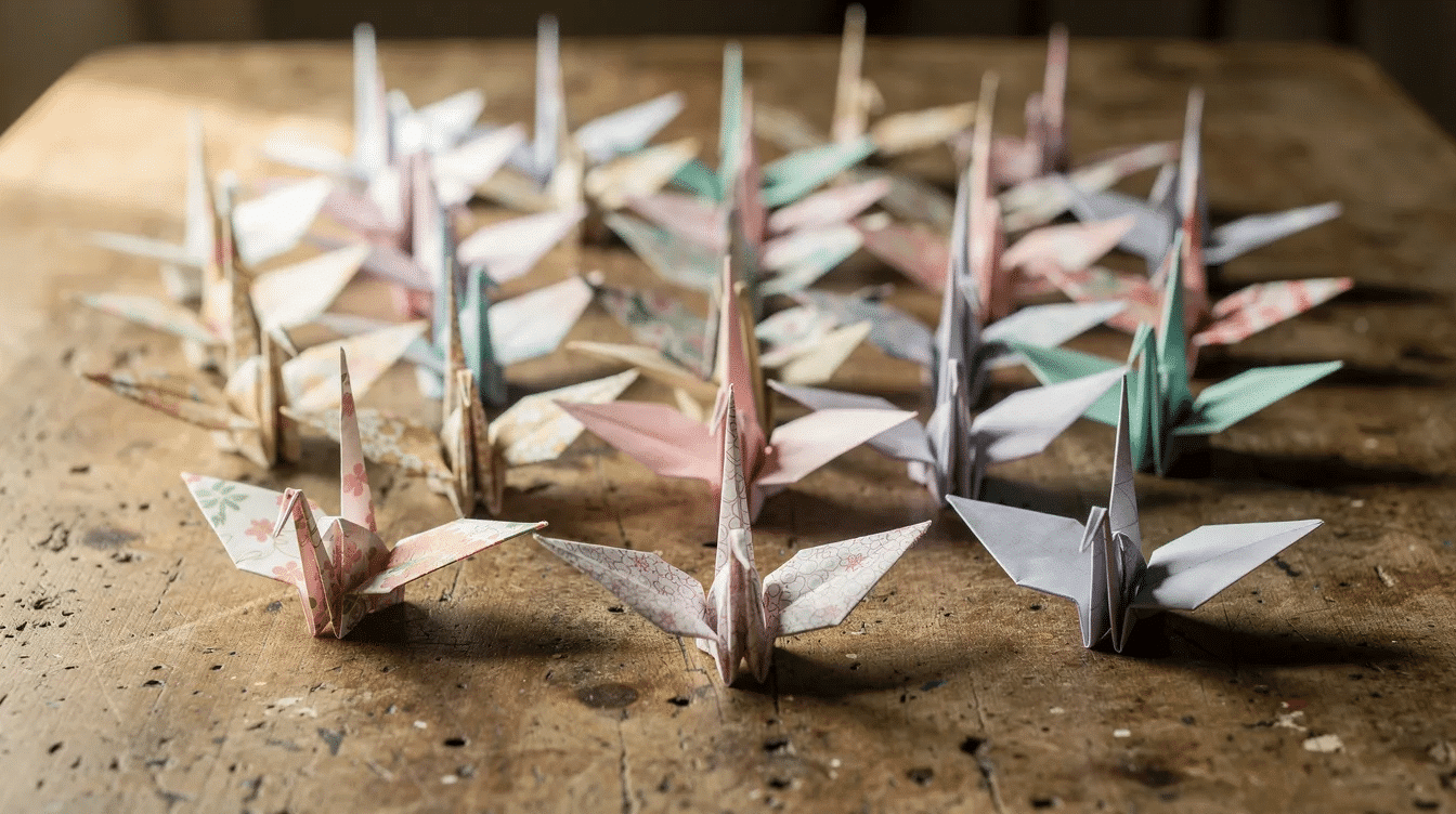 A collection of colorful finished paper cranes representing easy origami animals is neatly arranged on a wooden table showcasing the fun and creativity of origami for kids and beginners The vibrant cranes invite viewers to explore the art of folding paper through beginner friendly origami tutorials