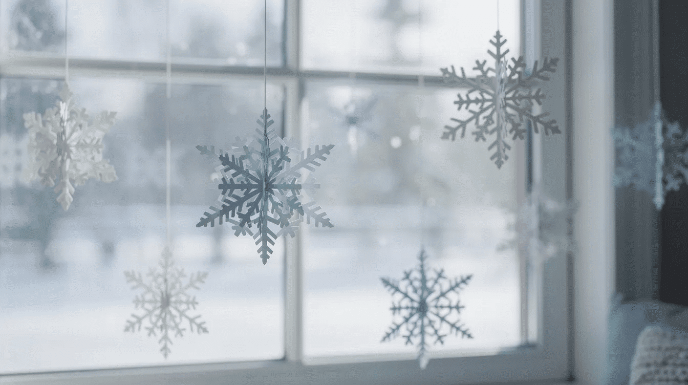 The image features delicate white and blue paper snowflakes hanging gracefully near a bright window showcasing different patterns and shapes The snowflakes appear to be crafted from patterned paper adding a festive touch to the winter atmosphere