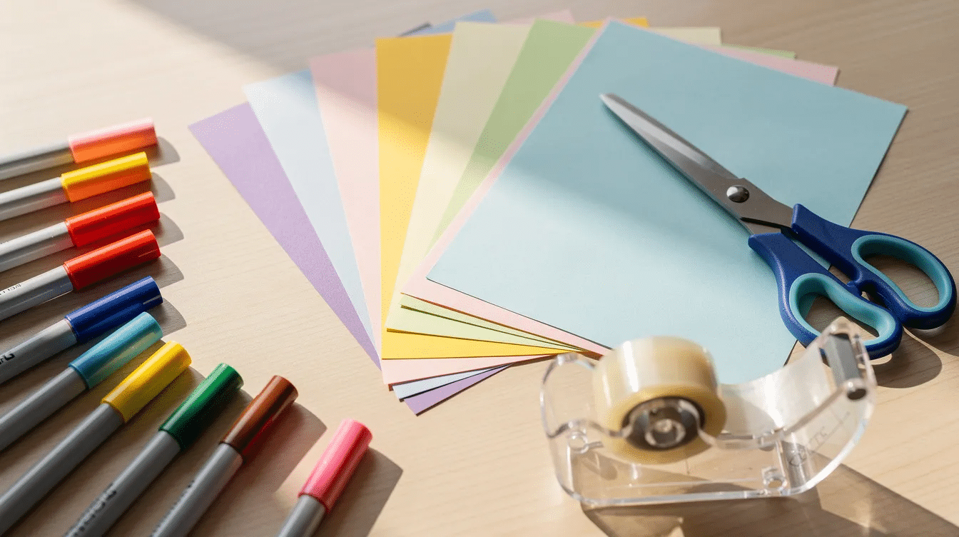 A flat surface is covered with assorted craft supplies including colorful paper sheets scissors markers and clear tape perfect for making your own stickers and custom labels The vibrant materials invite creativity and inspiration for DIY projects