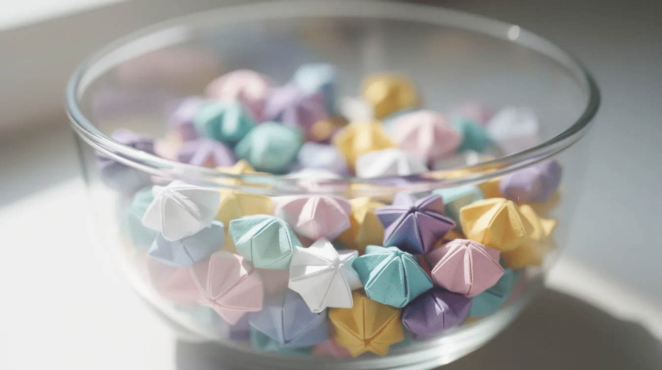 5d26efb7 decb 4b26 b080 9d2f79dc0341 A glass bowl filled with small colorful origami lucky stars showcasing various vibrant shades and star shapes These little paper stars made from square sheets of origami paper create a charming and festive display perfect for decorations or as Christmas ornaments