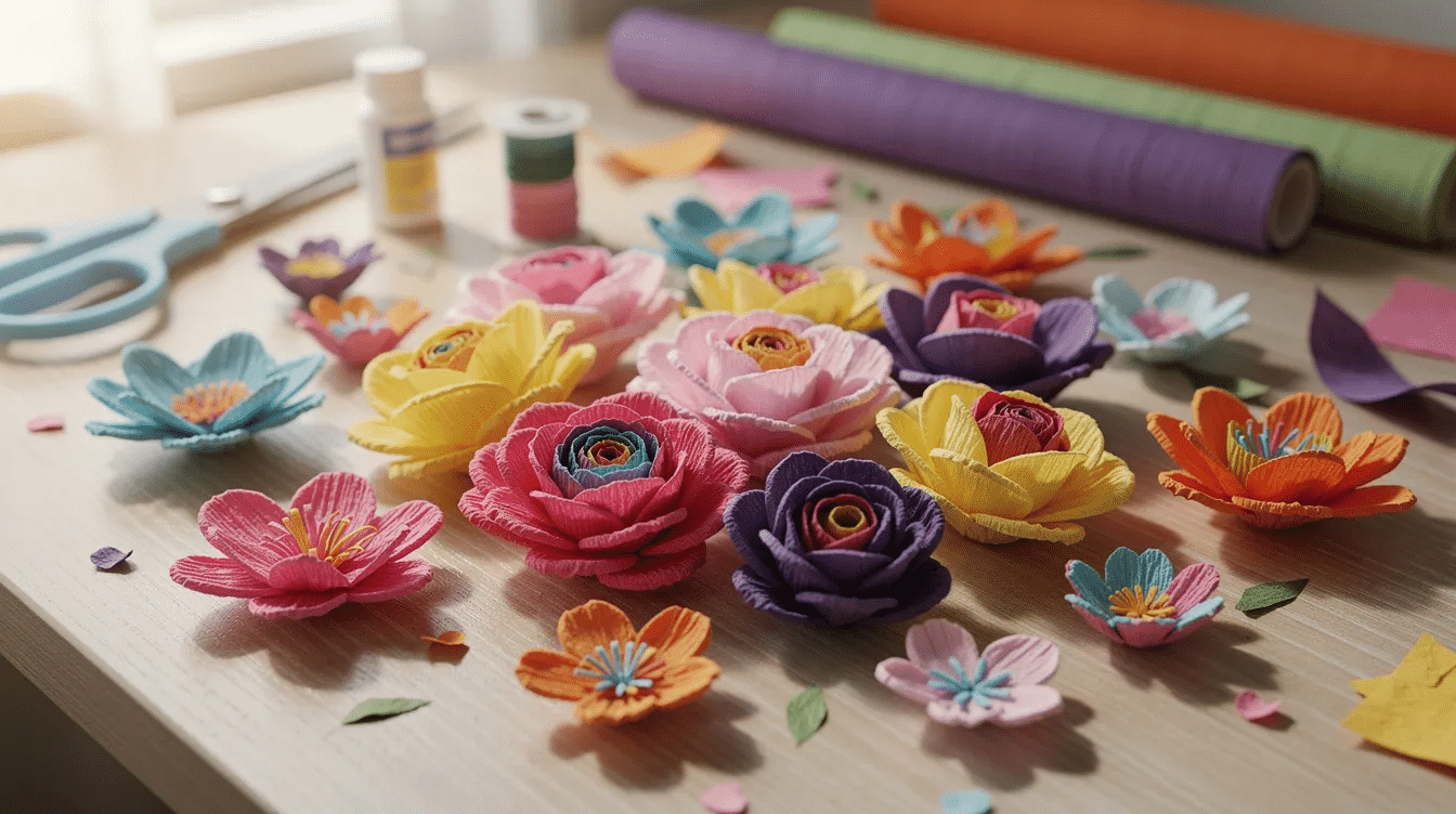 5eda2654 6215 4642 9763 0a34784733bf A vibrant assortment of colorful handmade paper flowers including tissue paper blooms and crepe paper roses is beautifully arranged on a craft table showcasing various petal shapes and patterns This delightful display serves as a great tutorial for anyone looking to make paper flowers using simple materials for home décor or special occasions