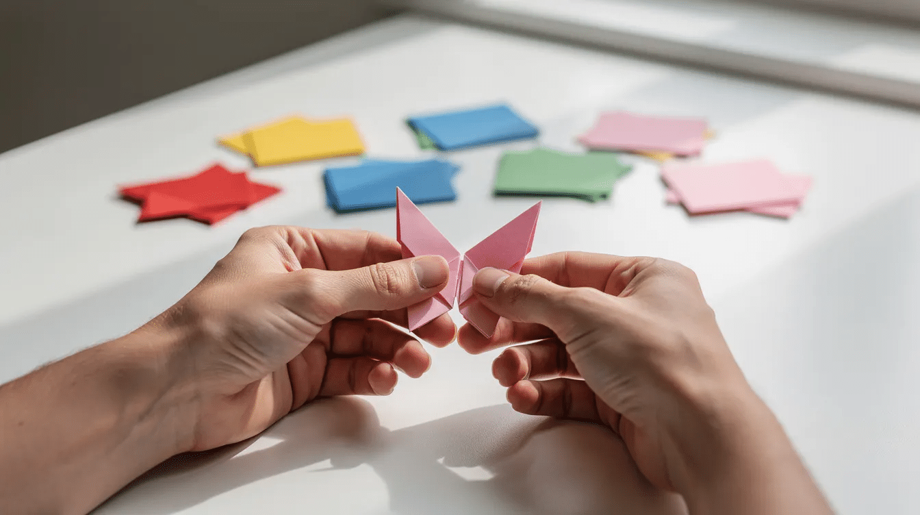 A pair of hands is skillfully folding colorful origami paper into a beautiful butterfly shape on a clean table demonstrating the craft of making an easy origami butterfly The vibrant patterned paper adds a delightful touch to this traditional origami project