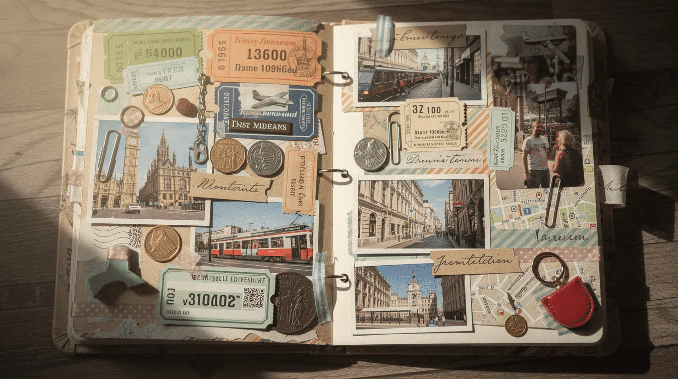 The image features a handmade scrapbook page filled with layered postcards ticket stubs and small souvenirs beautifully arranged alongside travel photos that capture memorable adventures This creative layout showcases various scrapbook ideas and themed stickers making it a perfect representation of travel memories and personal storytelling