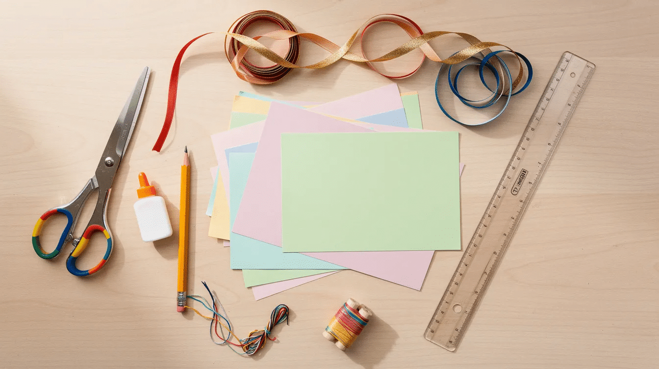 A flat lay image showcases a vibrant assortment of colorful construction paper scissors glue a pencil a ruler ribbon and thread arranged neatly on a craft table perfect for creating a DIY paper garland or festive holiday decor The scene invites creativity with various supplies ideal for paper crafts and projects like baby showers or Christmas decorations