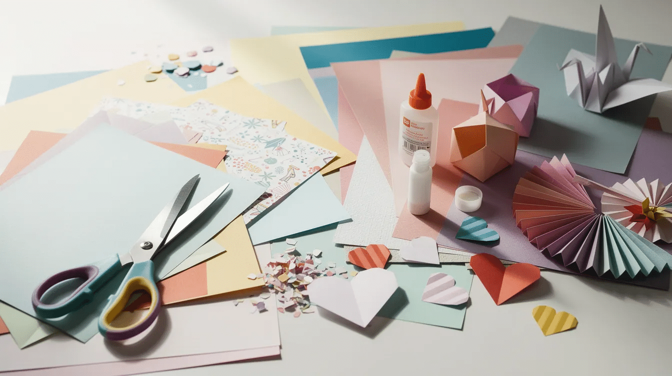 62ad30ba bb45 4e02 9a19 32fdce47301d An assortment of colorful craft papers including tissue paper scrapbook paper and cardstock is neatly arranged alongside scissors and glue with several folded shapes and paper flowers displayed prominently This creative setup highlights the diverse range of materials used in paper crafting and DIY projects inviting exploration of various crafting techniques