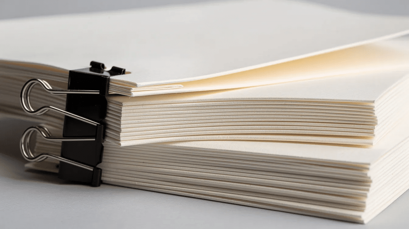 The image shows folded paper signatures secured with binder clips ready for a book binding project This setup is ideal for beginners looking to create their own hand bound notebooks as it highlights the process of preparing inside pages before stitching or gluing them together