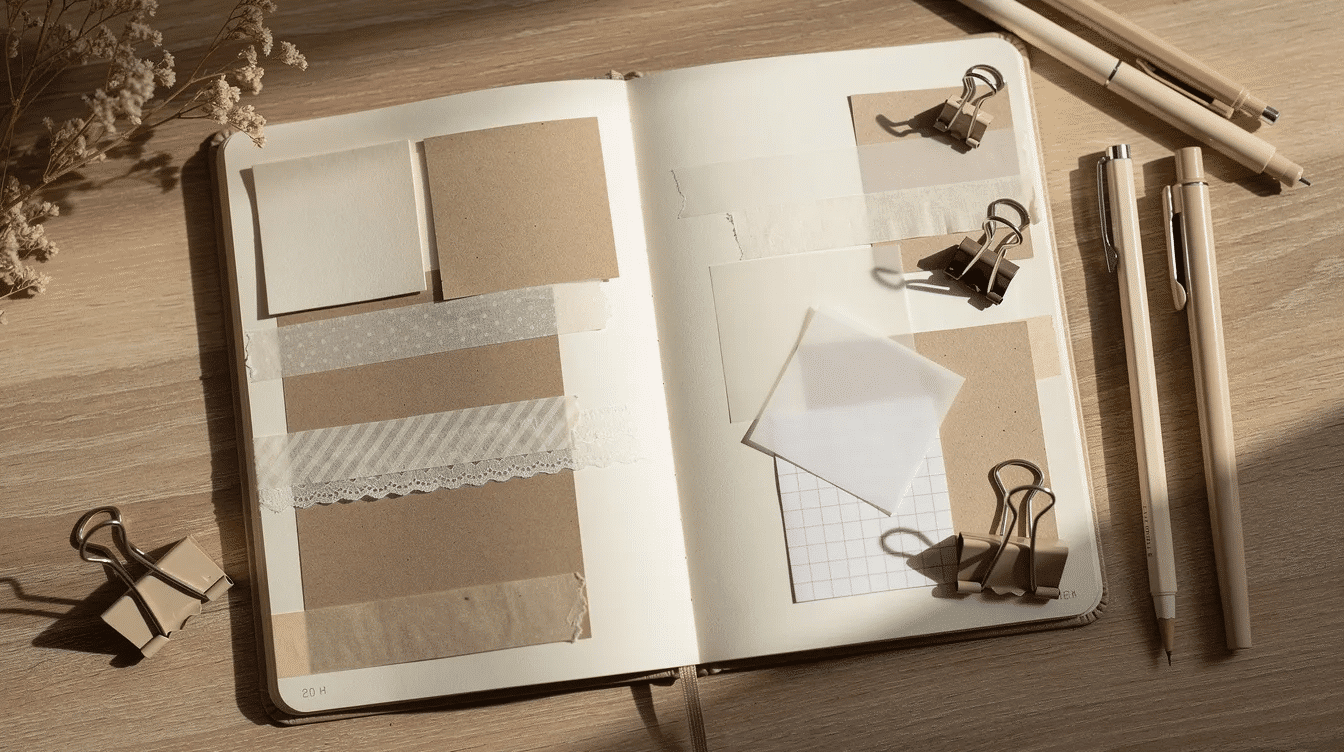 An open journal showcases a collection of layered aesthetic stickers and washi tape complemented by soft neutral stationery This inviting setup inspires creativity and offers ideas for personalized journaling experiences
