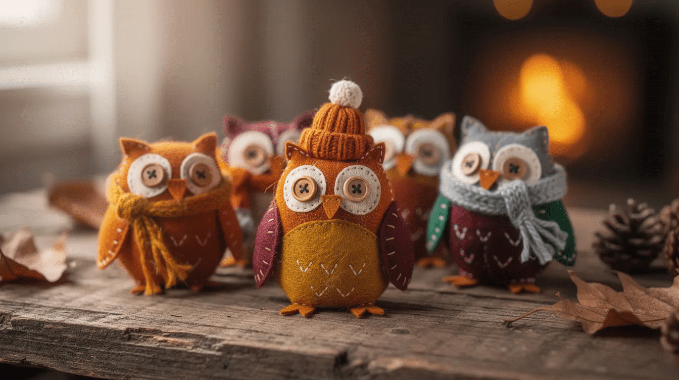 A small group of adorable handmade owl decorations made from toilet paper rolls featuring autumn and winter colors like yellow and purple Each owl is creatively decorated with googly eyes cut wings and painted details showcasing a fun craft idea for kids of all ages