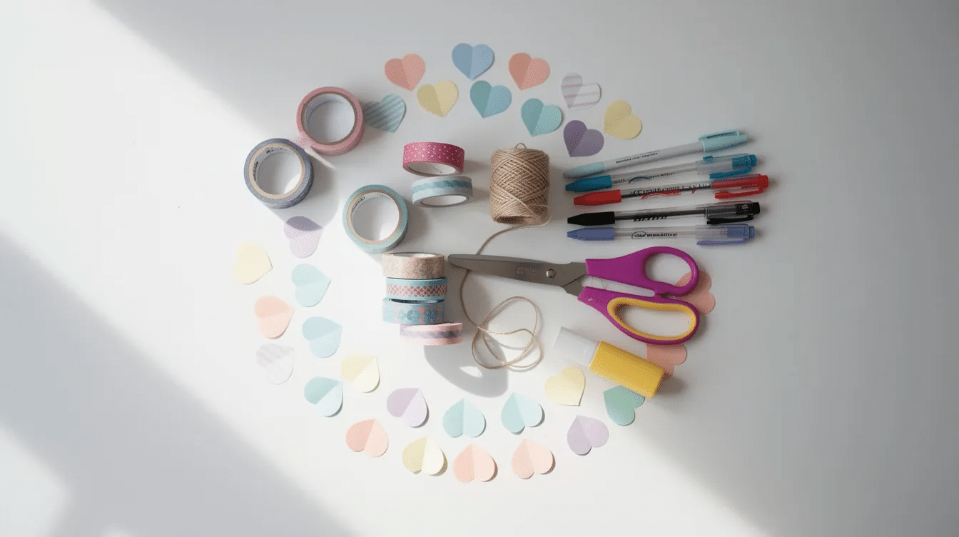 6637b2e3 d037 48ab 85c1 bfd926f0df13 The image features an assortment of small folded paper hearts arranged around various craft supplies including scissors glue and tissue paper creating a fun and inviting atmosphere for Valentine's Day crafting. This setup showcases a simple and beautiful process for kids and moms to enjoy making cute decorations together.