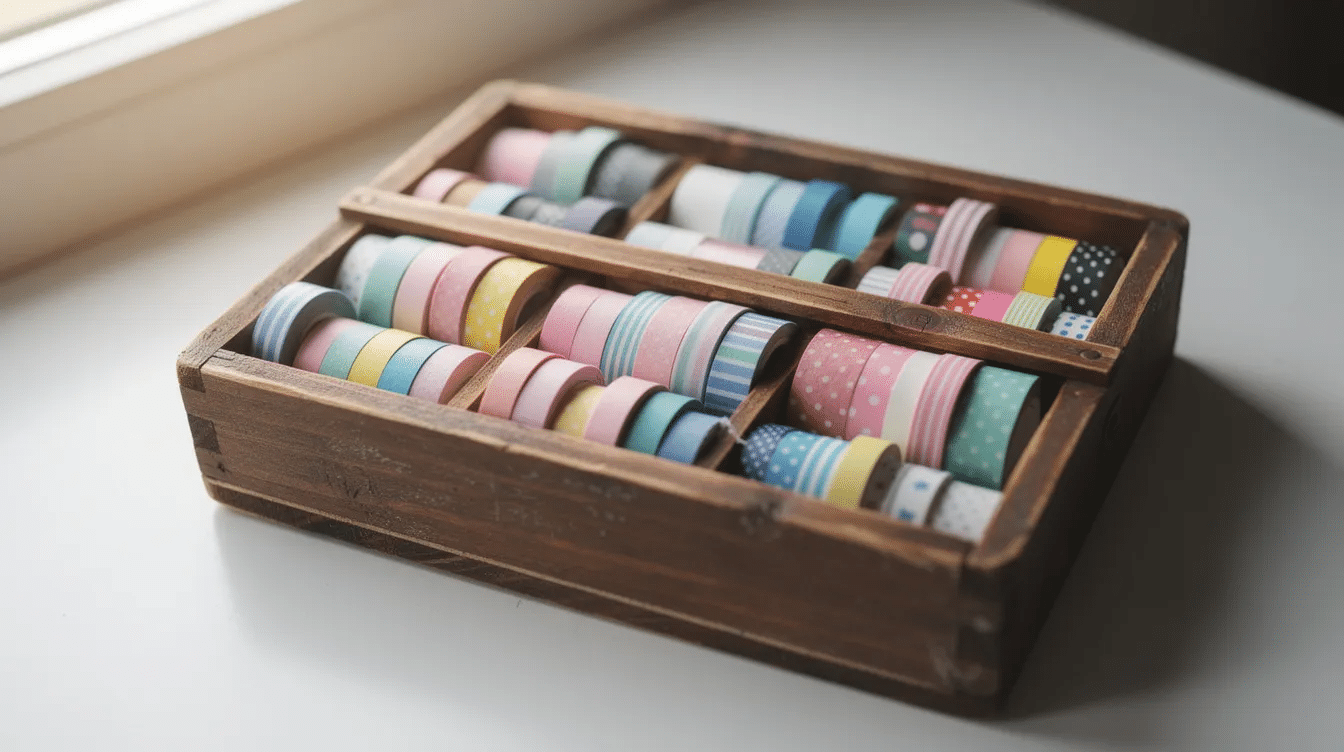 69c1887b 6ff7 4937 a256 2a75418b515e The image features small rolls of colorful homemade washi tape stored neatly in a wooden box showcasing various decorative patterns and designs This DIY project highlights the fun of creating your own tape using materials like paper glue and acrylic paint