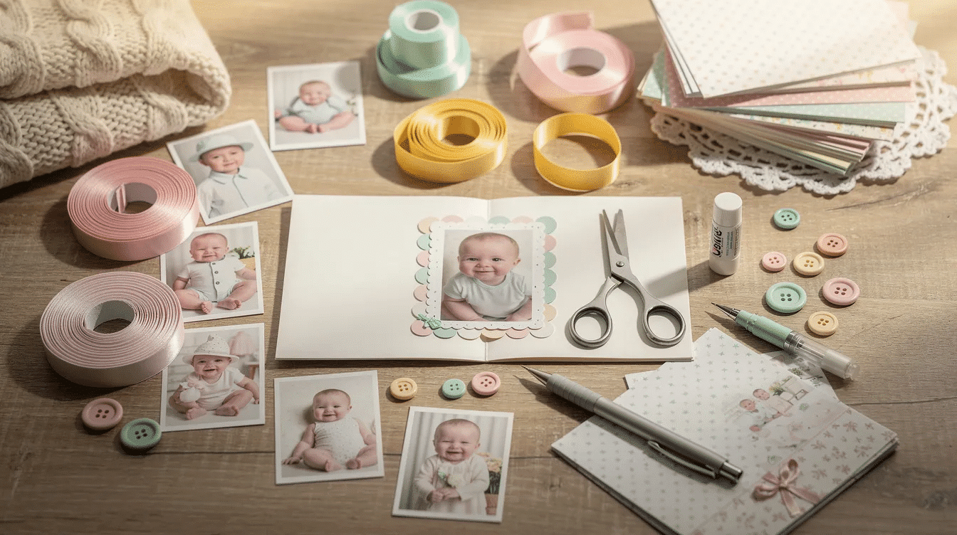 69e54875 2fd1 4c70 8a6f 1073f5836e4c The image showcases a cozy craft table adorned with baby scrapbook supplies including soft pastel patterned paper ribbons and buttons alongside various baby photos capturing all those precious moments This setup inspires creative ways to document memories from a baby's first year, making it a lovely space for crafting scrapbook pages filled with cherished memories.