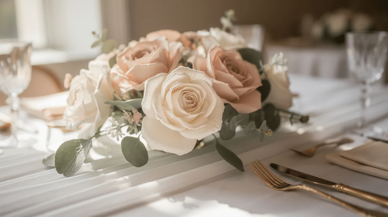 6a9e7f5b 1f14 45bc 9632 3097c5488fae An elegant arrangement of handmade paper flowers sits atop a wedding table complemented by soft greenery creating a charming and eco friendly atmosphere for the special day This beautiful display serves as a creative DIY wedding decoration idea perfect for adding a personal touch to the celebration