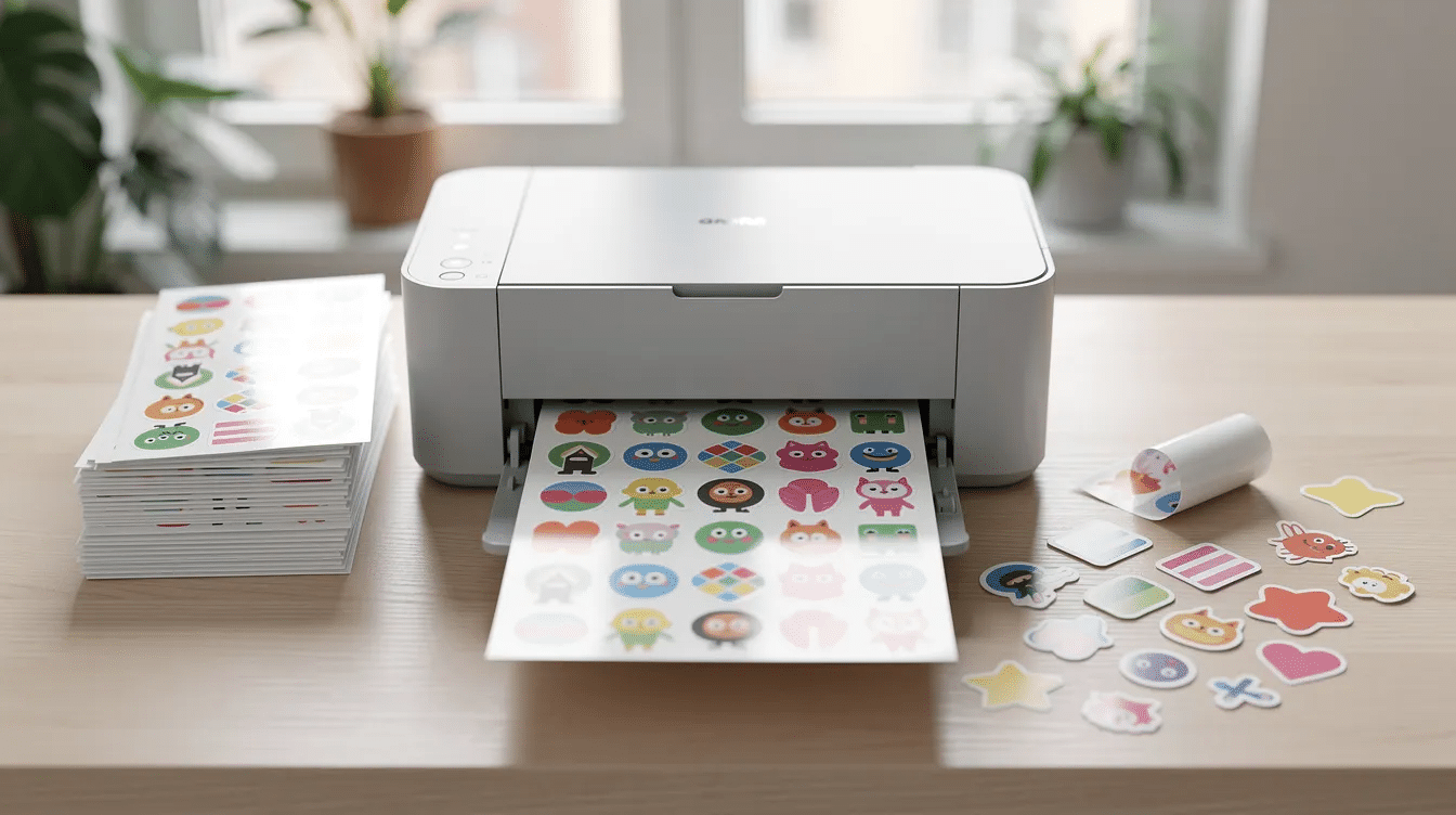 A home printer sits on a flat surface surrounded by colorful sticker sheets and cut paper shapes showcasing the tools for making DIY stickers Nearby various supplies like scissors markers and parchment paper hint at creative sticker design projects perfect for personalizing gifts or crafting fun custom labels