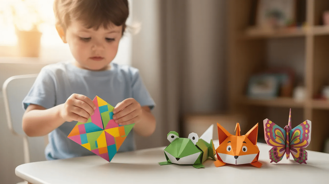 A child is happily folding colorful square paper next to a collection of finished origami animals showcasing the fun of easy origami for kids This scene captures the joy of crafting and exploring beginner friendly origami tutorials step by step