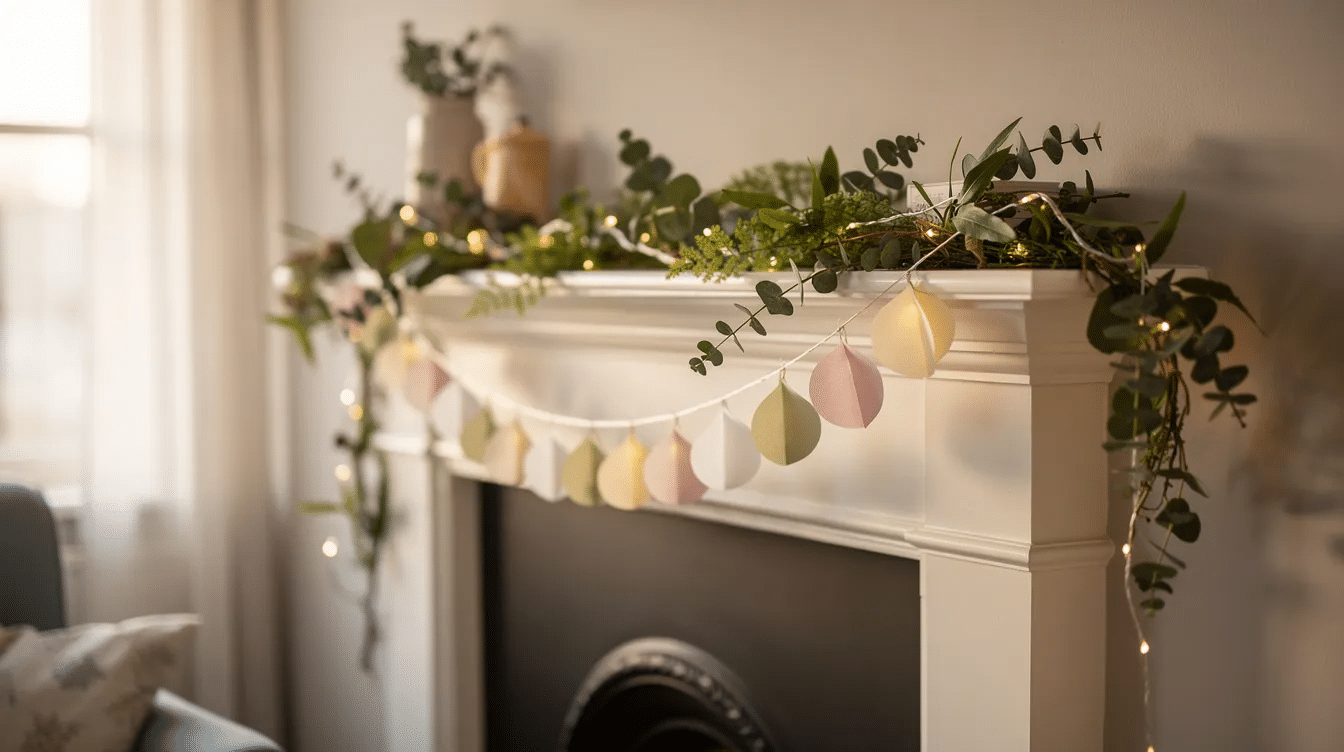 A festive paper garland made of colorful paper circles is draped elegantly across a mantel complemented by lush greenery and soft LED lights creating a warm holiday decor atmosphere This charming DIY garland adds a cheerful touch to the space perfect for celebrations like Christmas or a baby shower