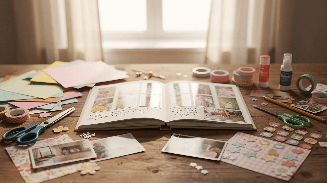6ebcc34b e5e7 4a9e aec1 396b7cc7d286 The image depicts a cozy table adorned with various scrapbooking supplies including patterned paper scissors and glue dots alongside an open photo album filled with printed photographs and a few loose pictures Sunlight streams through the nearby window creating a warm and inviting atmosphere perfect for starting a scrapbook project