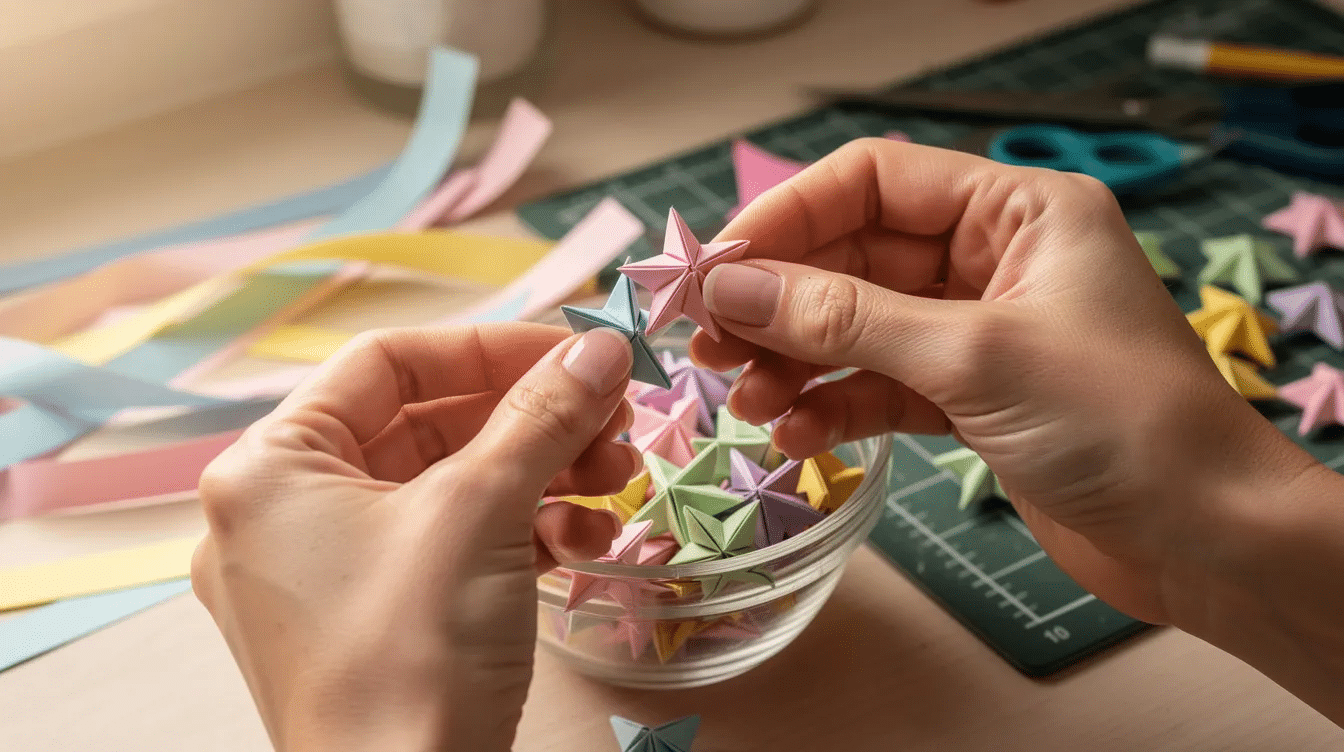 704e23c0 6cfd 4517 a6b3 094365042dc6 A pair of hands is skillfully folding colorful origami paper into little paper stars on a craft table showcasing the process of making easy origami stars The vibrant sheets of paper arranged neatly highlight the fun and creativity involved in creating these charming origami lucky stars