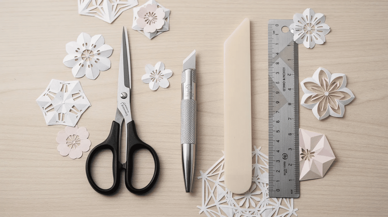 70dccd99 bed8 400e b70e 902a11131093 The image features a kirigami tool set including a precision craft knife and a sheet of paper showcasing the art of cutting and folding This tool is essential for creating intricate designs such as paper snowflakes and highlights the difference between kirigami and origami where the former involves both cutting and folding techniques